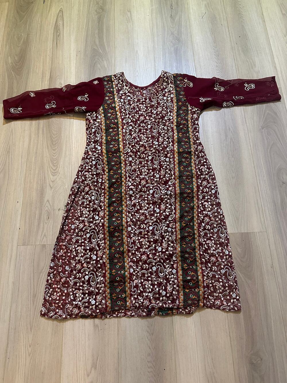 Pakistani Embroidered Maroon Kameez Green Paneled Kurta Dress L XL 41